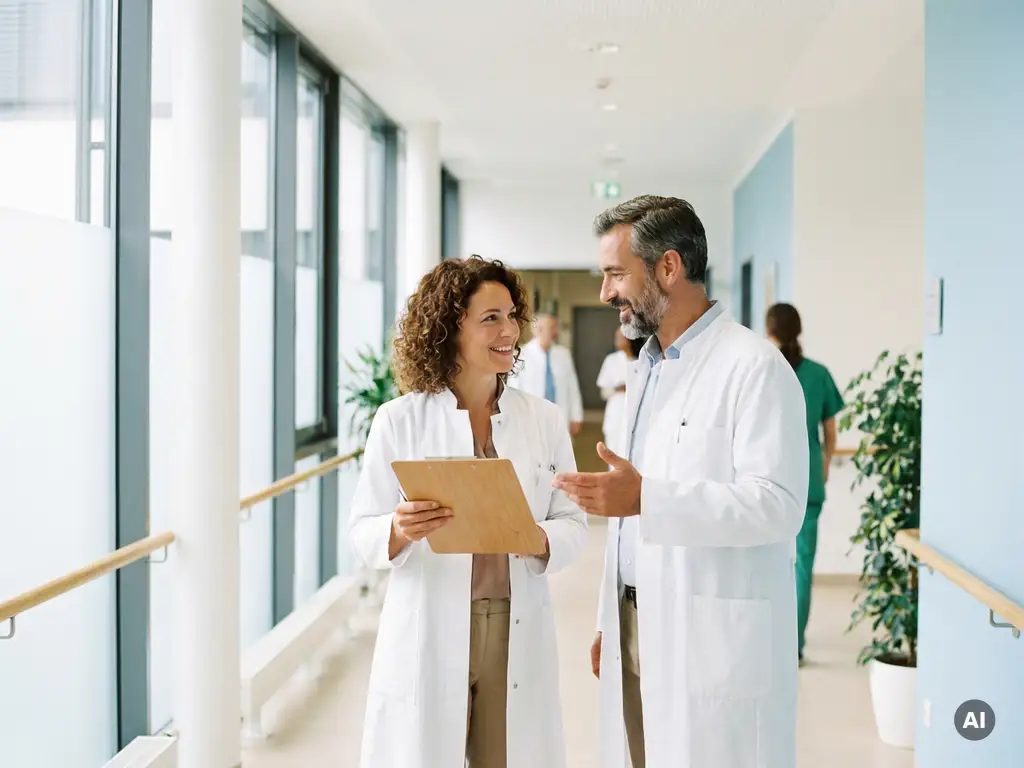aerzte-krankenhaus-gespraech-korridor.jpg Zwei Ärzte in weißen Kitteln führen ein freundliches Gespräch in einem modernen deutschen Krankenhausflur, einer hält ein Klemmbrett.
