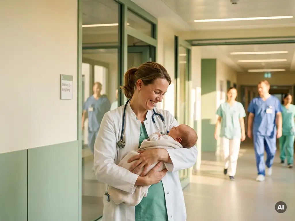 aerztin-baby-krankenhaus-wohlbefinden.jpg Lächelnde Ärztin im weißen Kittel hält ein Baby in einem modernen deutschen Krankenhauskorridor mit warmem Tageslicht.