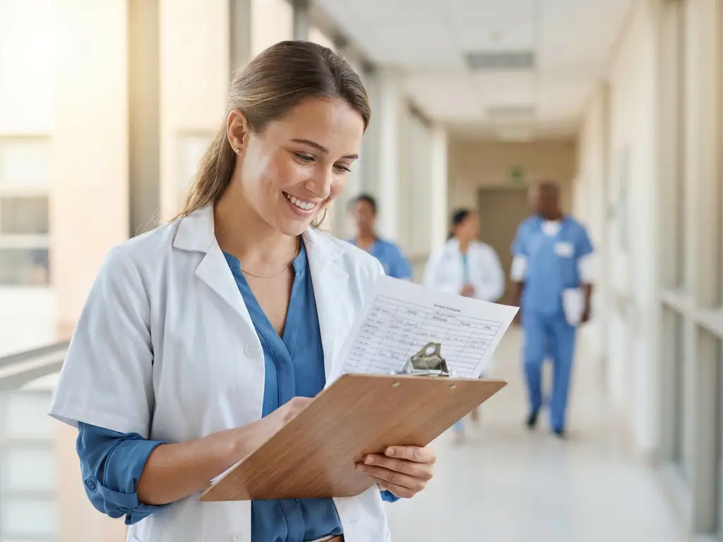 ärztin-flexibler-dienstplan-krankenhaus.jpg Junge Ärztin im weißen Kittel prüft lächelnd einen Wochenplan auf Klemmbrett in hellem deutschem Krankenhausflur.