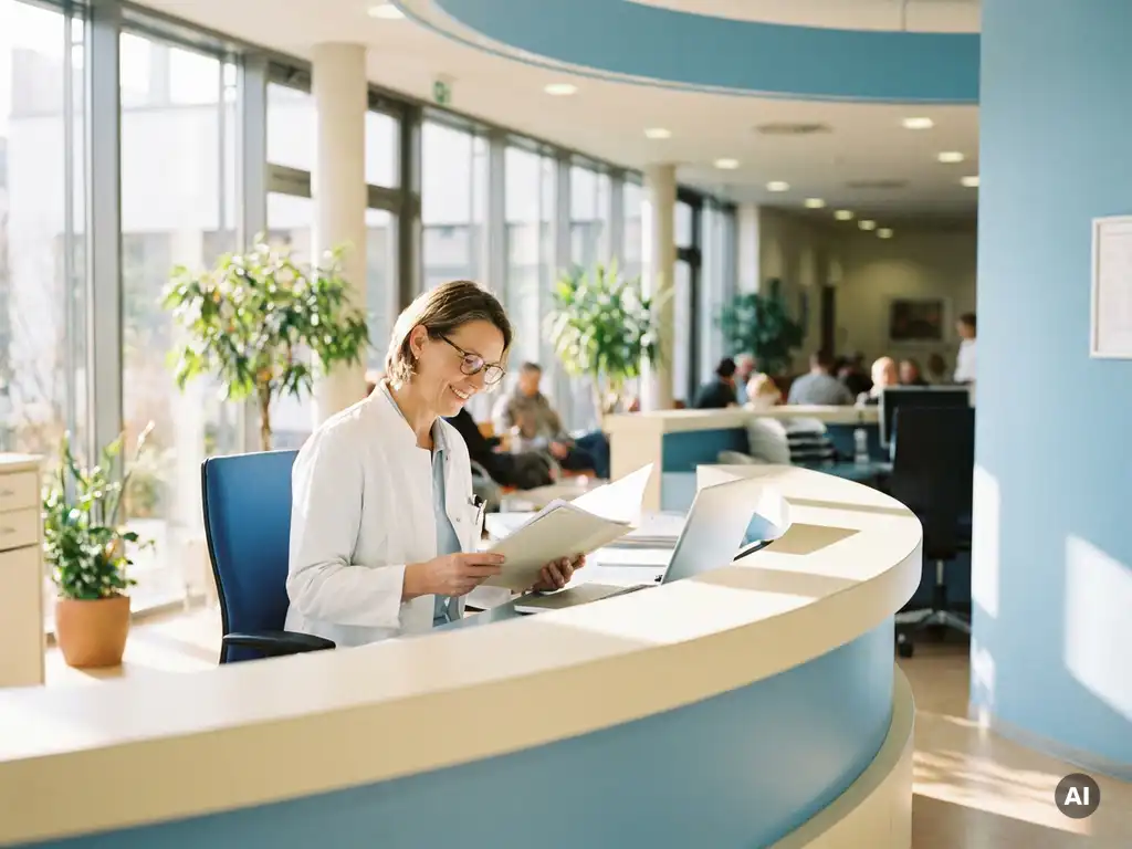 aerztin-krankenhaus-empfang-dokumente.jpg Lächelnde Ärztin im weißen Kittel prüft Dokumente am Empfang eines modernen deutschen Krankenhauses mit geöffnetem Laptop.