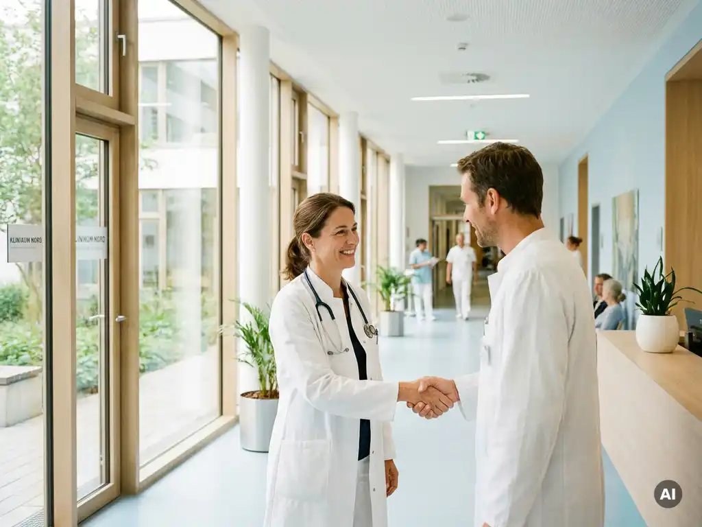 aerztin-krankenhaus-kollegin-begegnung-korridor.jpg Ärztin im weißen Kittel begrüßt Kollegen freundlich in einem modernen, hellen Krankenhausflur mit großen Fenstern.