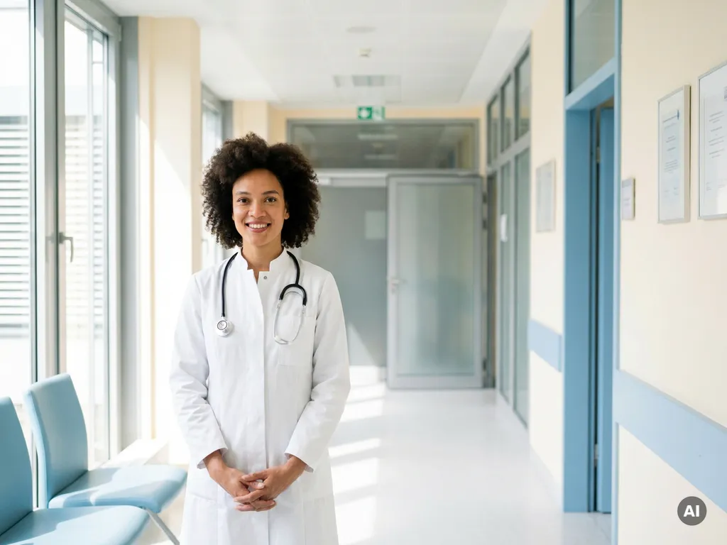 aerztin-krankenhaus-korridor-weisser-kittel.jpg Lächelnde Fachärztin im weißen Kittel in einem hellen modernen deutschen Krankenhausflur mit natürlichem Licht.