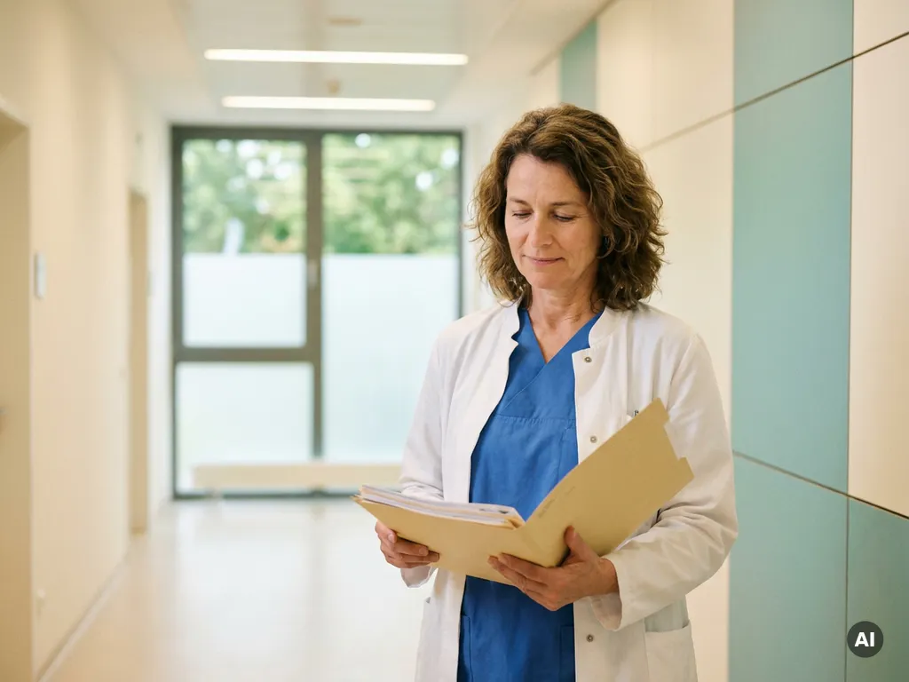 aerztin-personalakte-krankenhaus-korridor.jpg Ärztin im Krankenhausflur prüft eine Personalakte mit ruhigem, professionellem Ausdruck bei natürlichem Tageslicht.