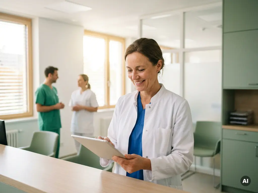 aerztin-krankenhaus-tablet-modern.jpg Ärztin im weißen Kittel prüft Tablet am Pflegestützpunkt eines modernen deutschen Krankenhauses mit natürlichem Licht.