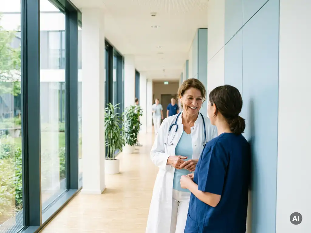 arzt-krankenschwester-krankenhaus-gespraech.jpg Ärztin im weißen Kittel im Gespräch mit einer Krankenschwester in einem modernen deutschen Krankenhausflur mit großen Fenstern.