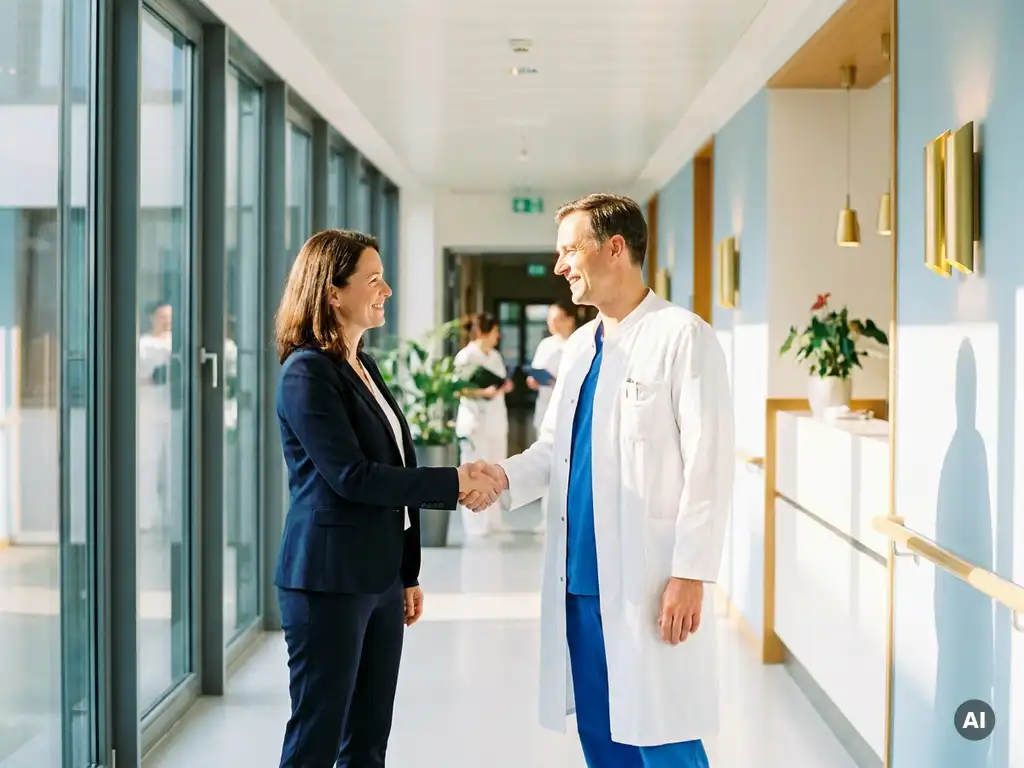 arzt-headhunter-handschlag-krankenhaus.jpg Headhunter im Anzug gibt lächelndem Arzt im weißen Kittel die Hand in einem modernen deutschen Krankenhausflur.