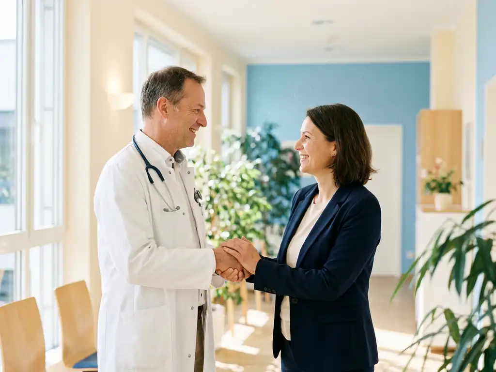 arzt-klinik-willkommen-krankenhaus-korridor.jpg Arzt im weißen Kittel wird von Klinikmitarbeiterin in hellem, modernem Krankenhausflur herzlich begrüßt.