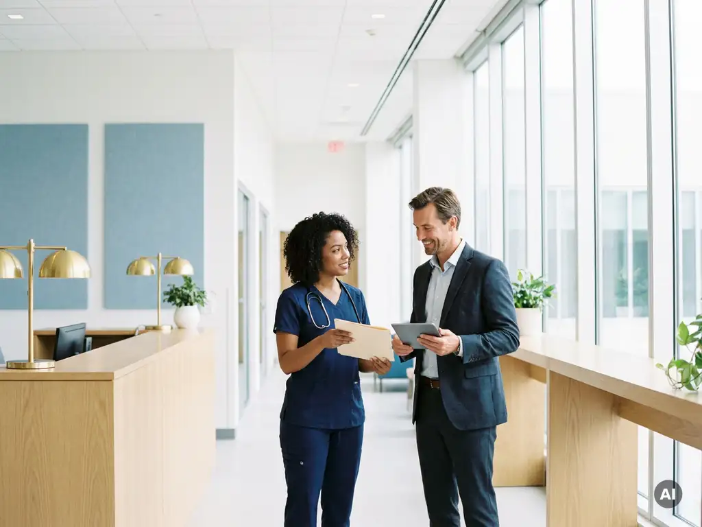 arzt-krankenhaus-willkommen-klinik-international.jpg Internationaler Arzt in Scrubs tauscht Dokumente mit einer Klinikadministratorin im modernen Krankenhausflur mit Tageslicht.