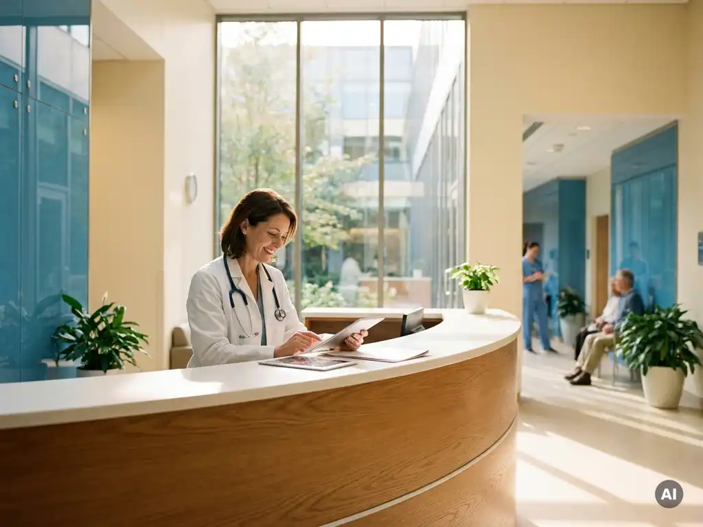 arzt-krankenhaus-empfang-dokumente-modern.jpg Lächelnder Arzt im weißen Kittel prüft Unterlagen an einem modernen Empfangstresen in einem deutschen Krankenhaus.