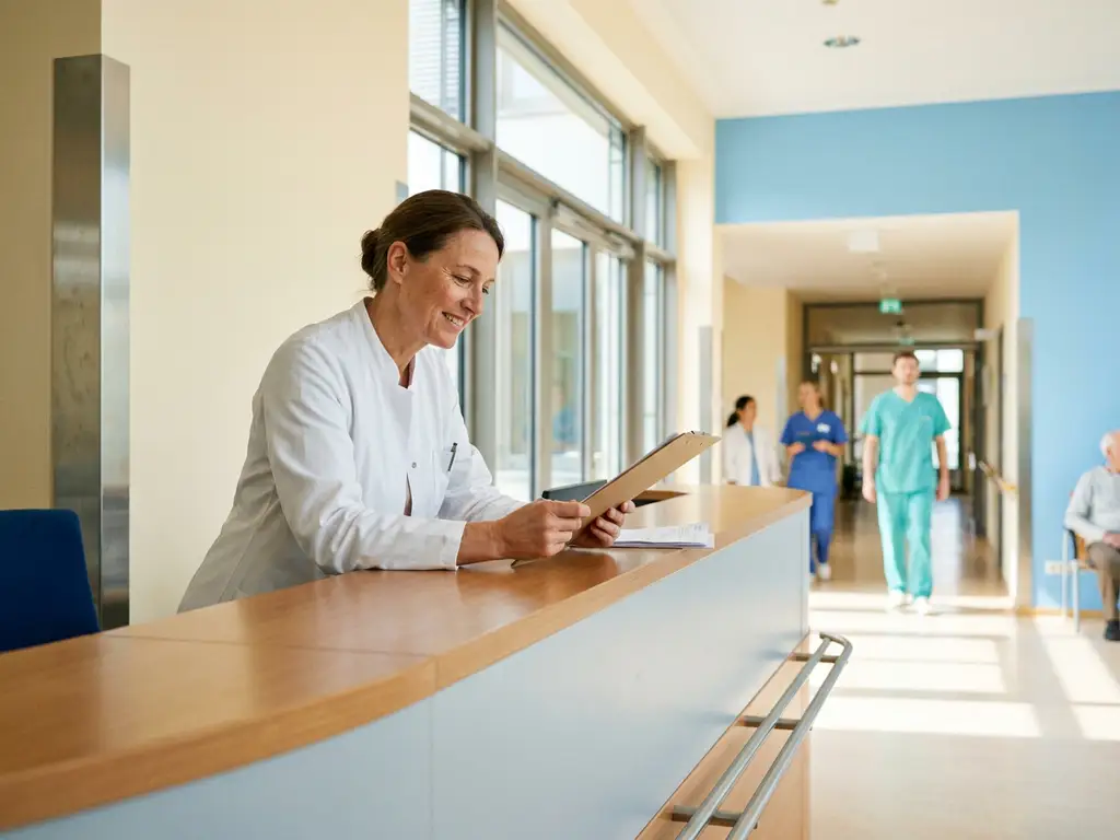 arzt-krankenhaus-empfang-dokumente.jpg Lächelnde Ärztin im weißen Kittel prüft Unterlagen an einem modernen Krankenhausempfang mit hellem, freundlichem Ambiente.