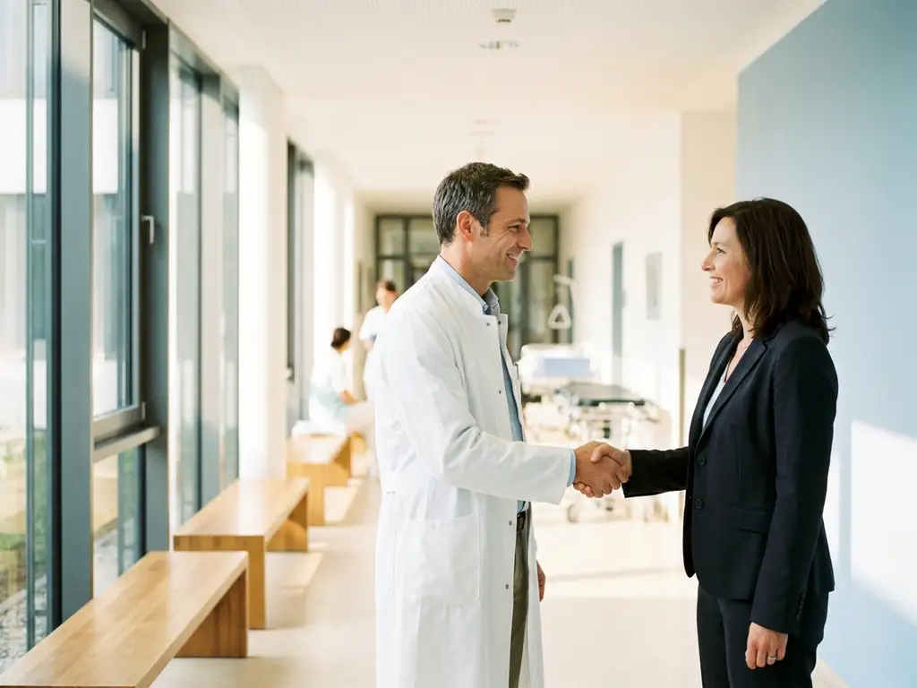 arzt-klinik-handschlag-krankenhaus-professionell.jpg Arzt und Krankenhausadministrator geben sich die Hand in einem modernen deutschen Klinikflur mit natürlichem Licht.