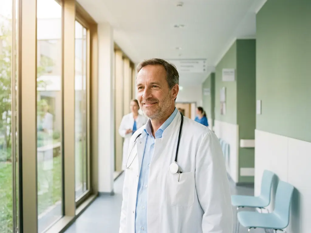 arzt-krankenhaus-korridor-laecheln-stethoskop.jpg Lächelnder Arzt im weißen Kittel mit Stethoskop in einem hellen, modernen Krankenhausflur in Deutschland.