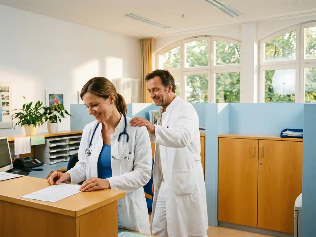 arzt-krankenhaus-patientenakte-laecheln.jpg Lächelnder Arzt im weißen Kittel prüft Patientenakte am Schwesternstützpunkt eines deutschen Krankenhauses.