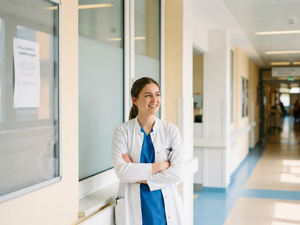 Lächelnder junger Arzt im weißen Kittel in einem modernen deutschen Krankenhausflur, Blick von einer Stellenausschreibung am Schwarzen Brett abgewandt.