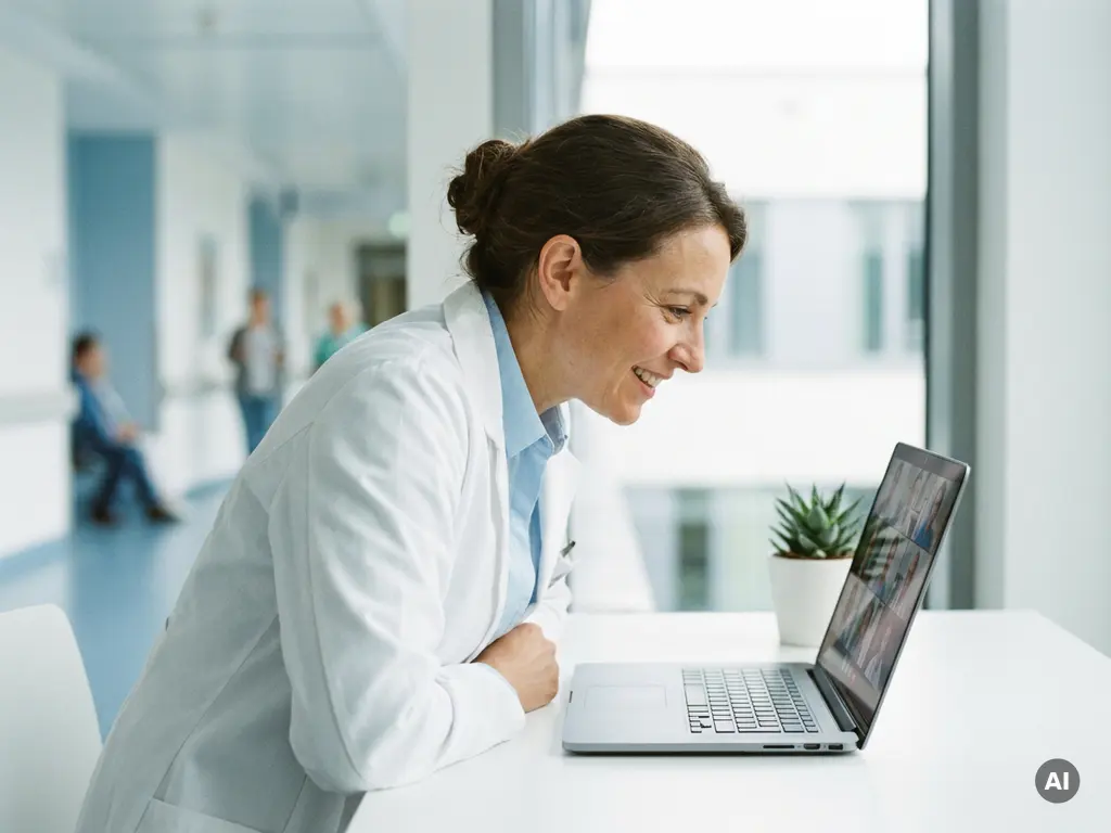 arzt-videokonsultation-krankenhaus-online.jpg Ärztin im weißen Kittel führt Video-Konsultation am Laptop in modernem deutschen Krankenhaus durch.