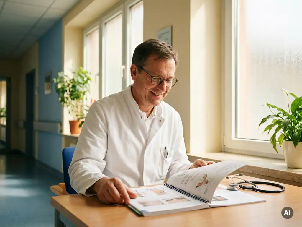 arzt-weiterbildung-krankenhaus-medizin.jpg Lächelnder Arzt im weißen Kittel studiert medizinisches Schulungsheft am Krankenhausflur-Schreibtisch, Stethoskop daneben.