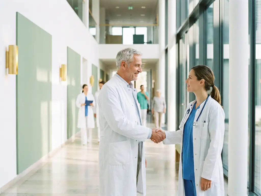 arzt-willkommen-krankenhaus-kollegen-korridor.jpg Erfahrener Arzt im weißen Kittel begrüßt jüngeren Kollegen herzlich in einem modernen deutschen Krankenhausflur mit Tageslicht.