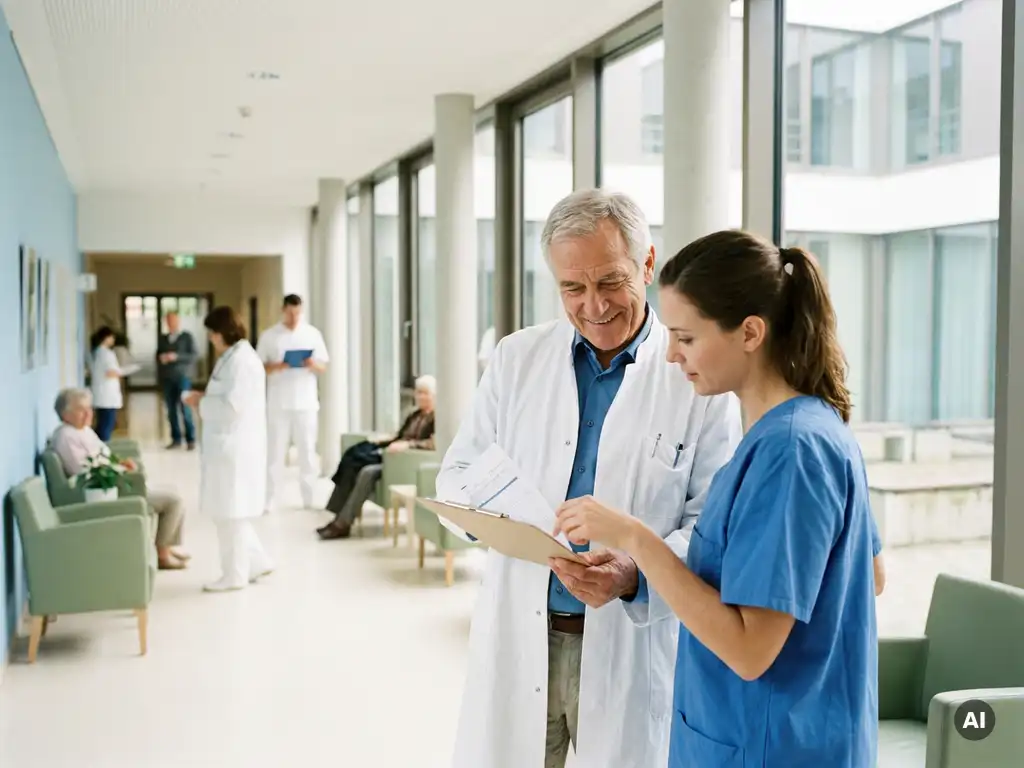 arzt-krankenhaus-kollegen-patientenakte.jpg Älterer Arzt im weißen Kittel bespricht Patientenakten mit jüngerem Kollegen in hellem modernem Krankenhausflur.