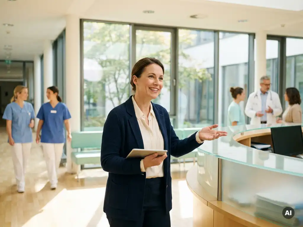 personalvermittlung-krankenhaus-hr-fachkraft.jpg HR-Fachkraft in einem modernen deutschen Krankenhaus prüft Tablet am Empfang, freundliches Lächeln, natürliches Tageslicht.