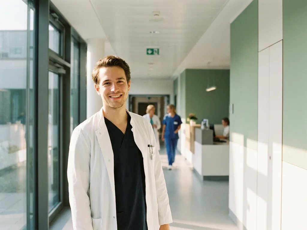 arzt-krankenhaus-lächeln-korridor-modern.jpg Lächelnde junge Ärztin im weißen Kittel in einem hellen modernen Krankenhausflur in Deutschland.