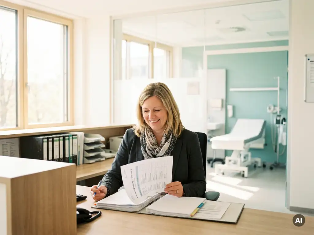 klinik-verwaltung-personal-dokumente-rezeption.jpg Krankenhausadministratorin prüft Personalunterlagen an einem modernen Empfangstresen einer deutschen Klinik im Tageslicht.
