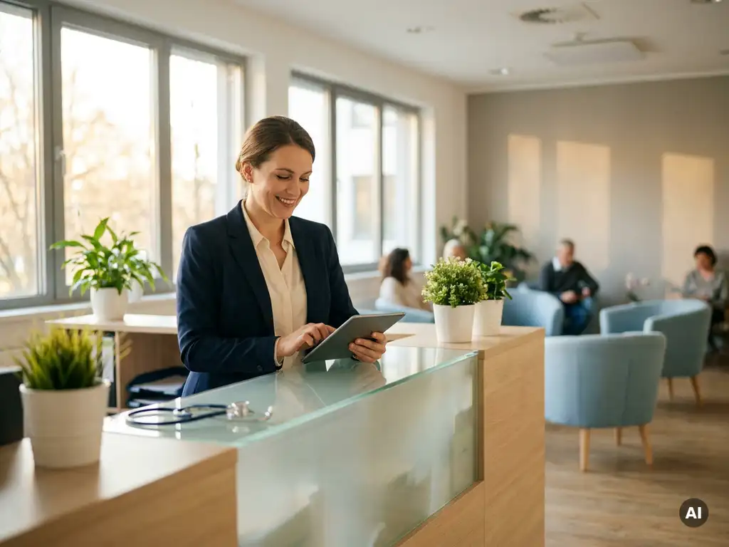 HR-Managerin eines deutschen Krankenhauses prüft Tablet am Empfangstresen, Stethoskop daneben, helles modernes Ambiente.