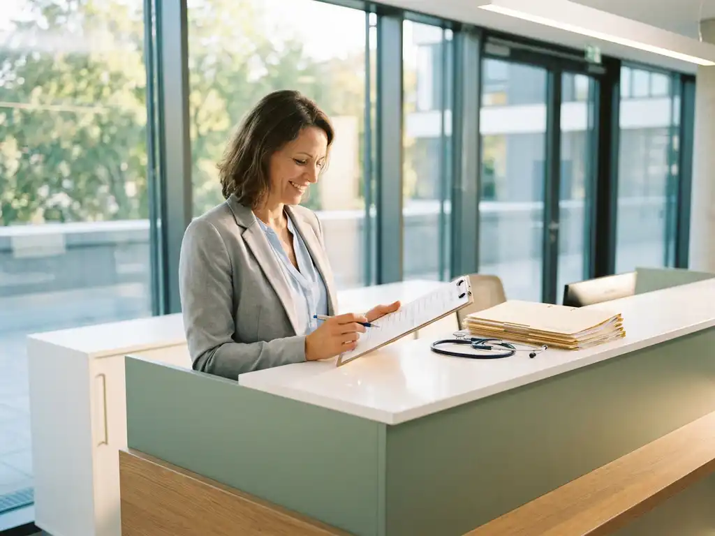 krankenhaus-personalmanagerin-checkliste-klinik-empfang.jpg HR-Managerin einer deutschen Klinik prüft Checkliste am Empfang, Stethoskop und Personalakten auf dem Tresen, helles natürliches Licht.