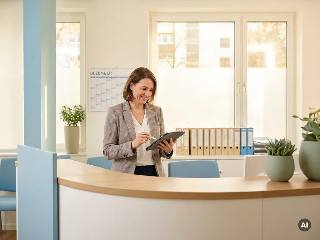 krankenhaus-personalmanager-tablet-klinik-rezeption.jpg Lächelnde HR-Managerin mit Tablet am Empfang einer modernen deutschen Klinik, Personalordner und Wandkalender im Hintergrund.