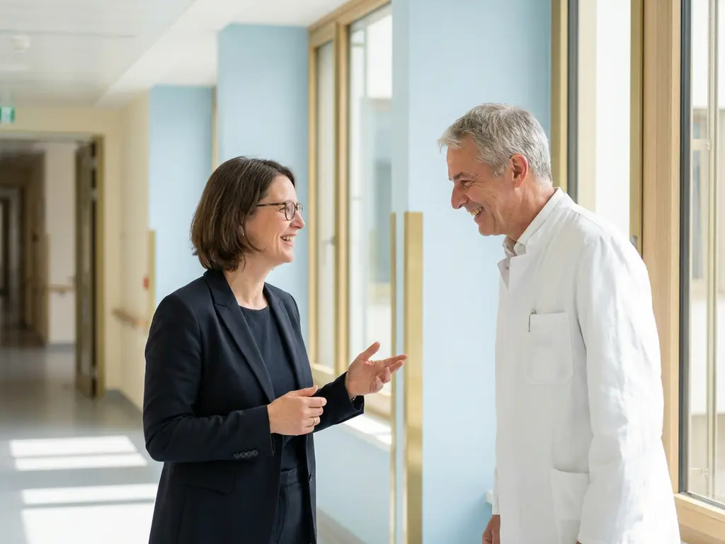 krankenhausberatung-arzt-personal-gespraech.jpg HR-Beraterin im Gespräch mit einem leitenden Arzt in einem modernen deutschen Krankenhausflur mit hellem Tageslicht.