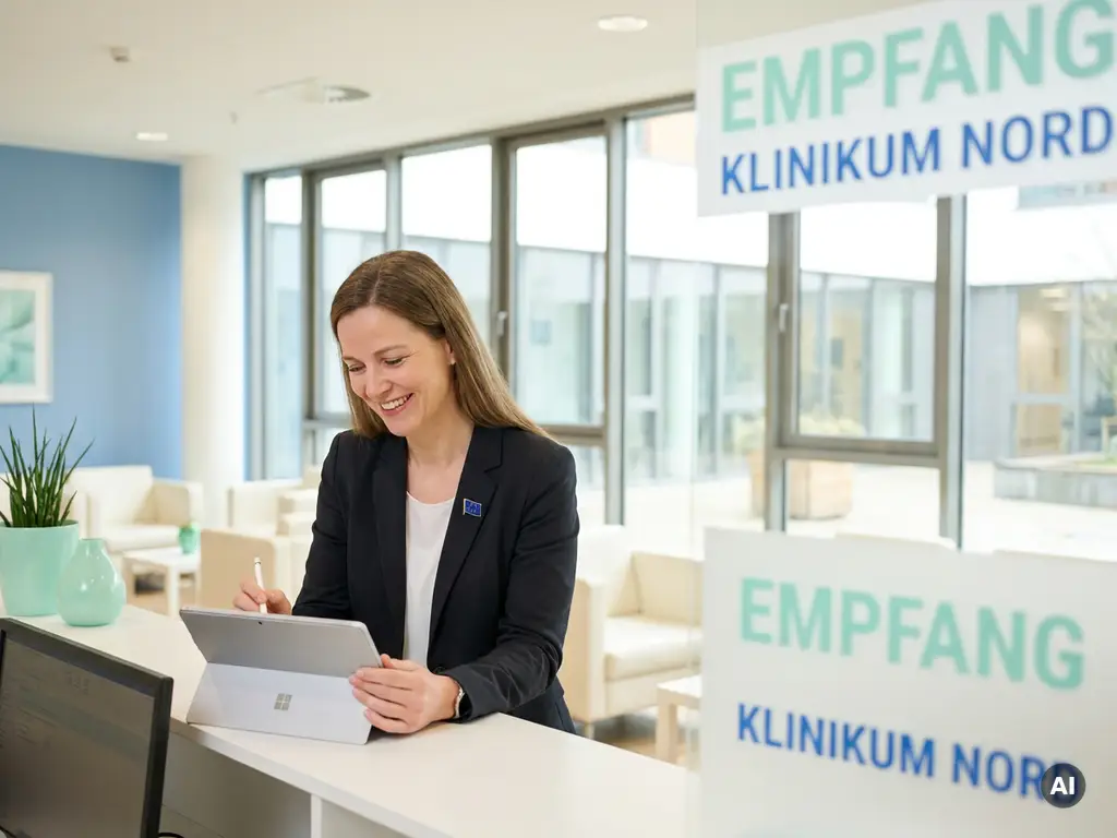krankenhaus-personalmanagerin-tablet-klinik-empfang.jpg Lächelnde HR-Managerin eines deutschen Krankenhauses mit Tablet am Empfang, EU-Pin am Revers, helles modernes Ambiente.