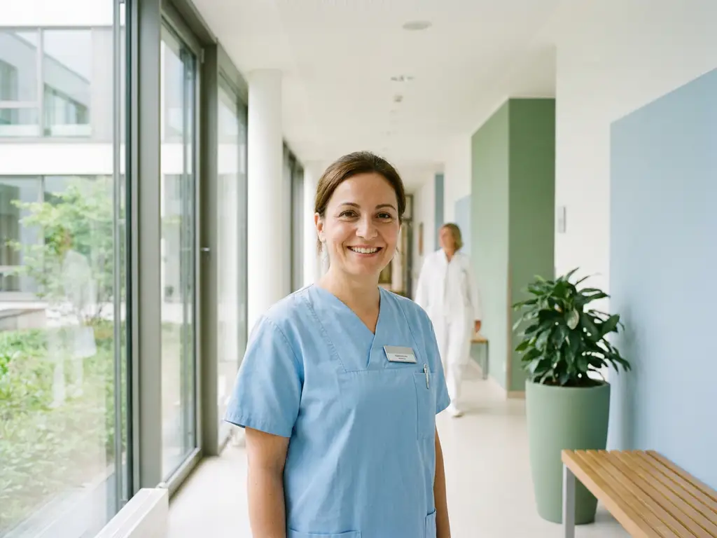 krankenpflegerin-krankenhaus-lächeln-blau.jpg Lächelnde Krankenpflegerin in hellblauen Scrubs in einem modernen deutschen Krankenhausflur mit natürlichem Tageslicht.