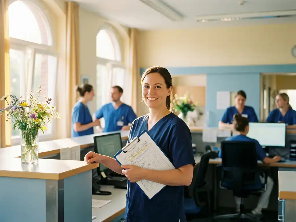 krankenschwester-dienstplan-krankenhaus-pflegepersonal.jpg Lächelnde Krankenpflegerin in blauen Scrubs prüft Dienstplan auf Klemmbrett an hellem Pflegestützpunkt in deutschem Krankenhaus.