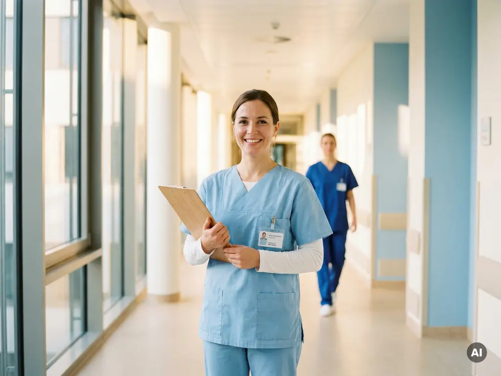 krankenschwester-klinik-korridor-patientenakte.jpg Lächelnde Krankenpflegerin in hellblauen Scrubs prüft Klemmbrett in modernem deutschen Krankenhauskorridor mit natürlichem Licht.