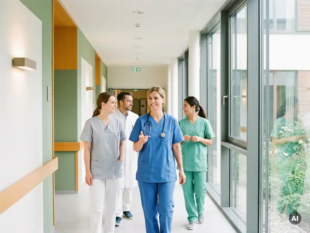 krankenschwester-team-krankenhaus-fuehrung.jpg Lächelnde Krankenschwester in Scrubs führt ihr Team durch einen hellen modernen Krankenhausflur mit großen Fenstern.